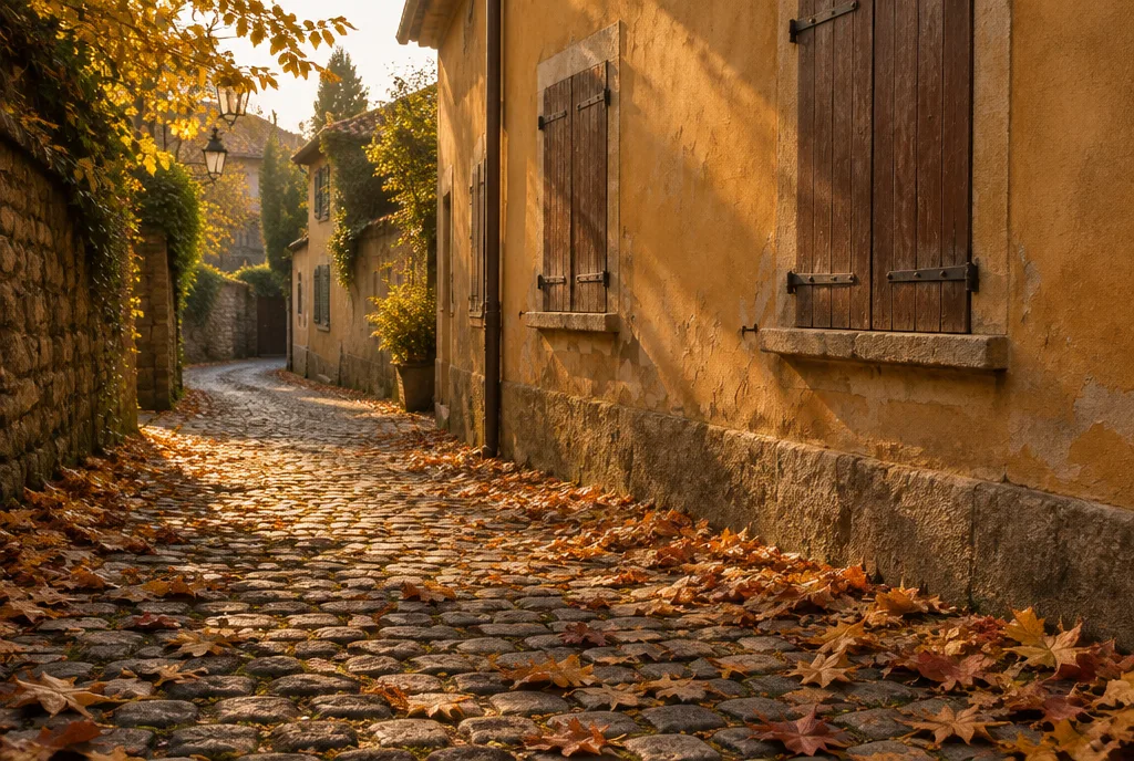A quiet cobblestone lane near Küçük Ayasofya in autumn
