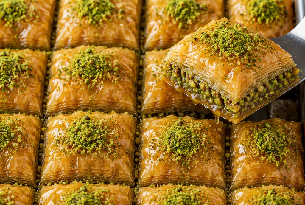 A tray of baklava topped with ground pistachio