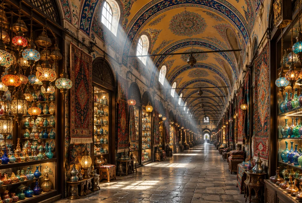 A covered corridor in the Grand Bazaar lined with shop stalls