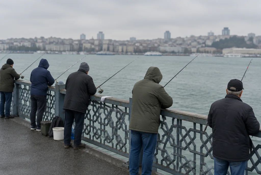 Fishermen lined up along Galata Bridge over the Golden Horn in Istanbul