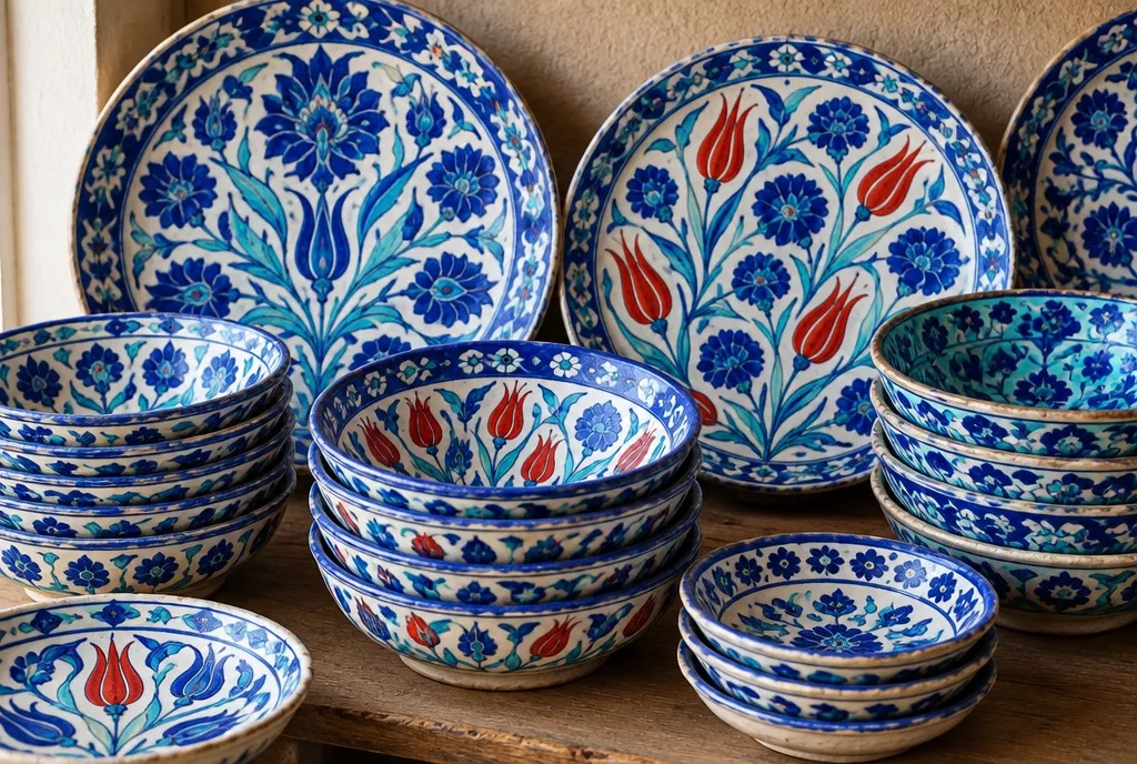 Hand-painted ceramic plates and bowls in cobalt and turquoise