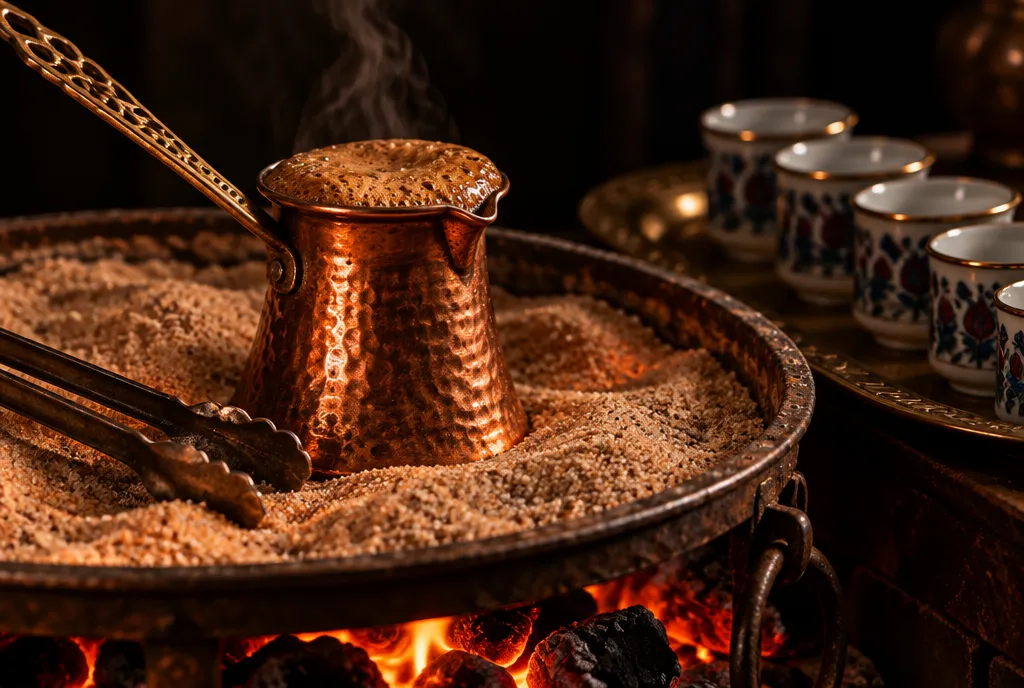 A copper cezve brewing coffee on hot sand