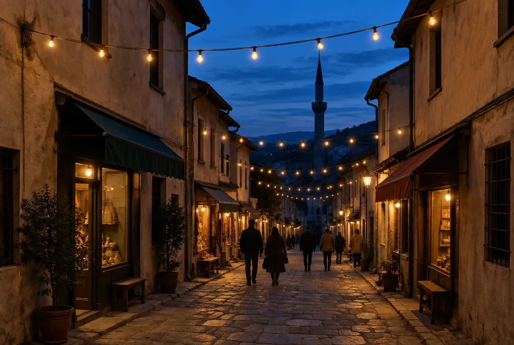 Lanterns strung above a narrow street in Istanbul's old city at dusk