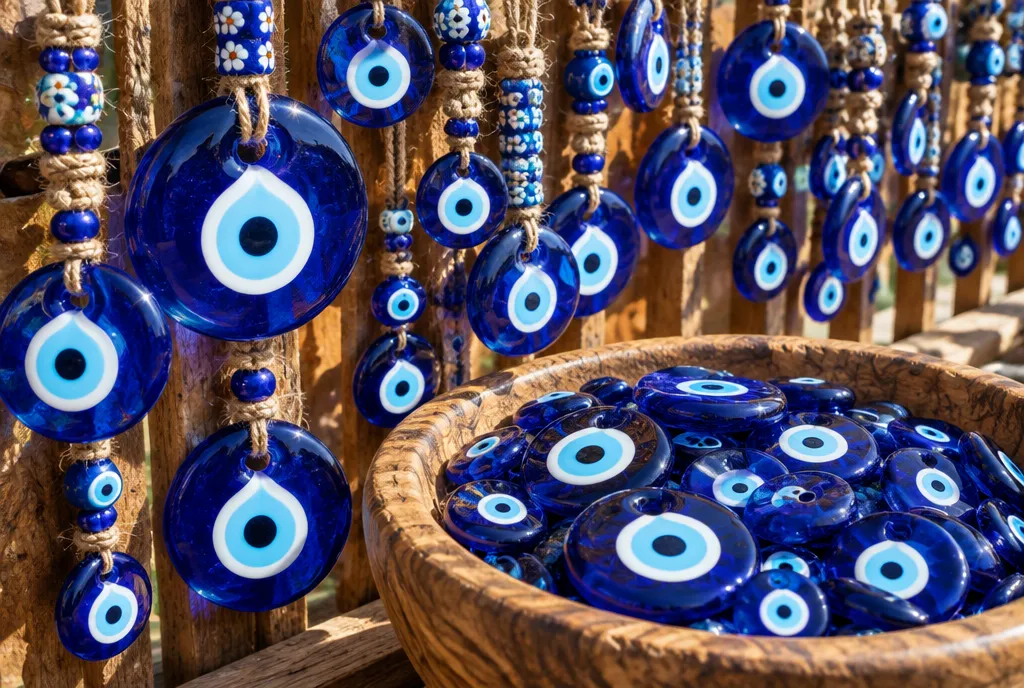 Blue glass evil eye beads hanging in a shop display