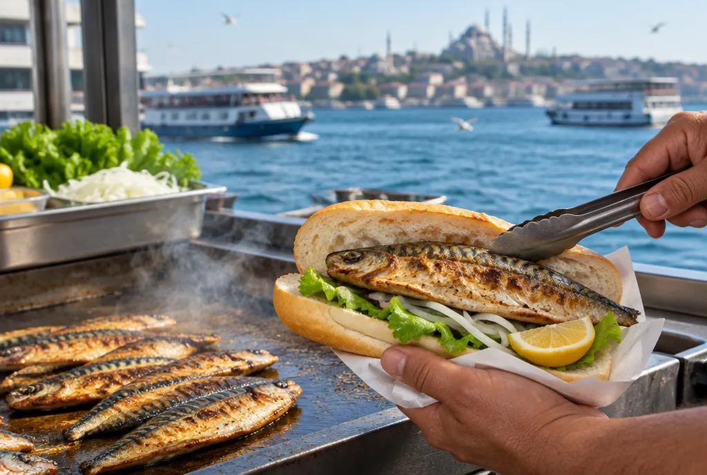 A grilled mackerel sandwich being made at a waterfront stall