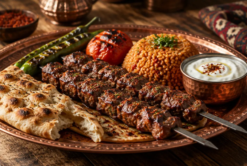 Grilled lamb skewers with bulgur, flatbread and yoghurt on a copper tray