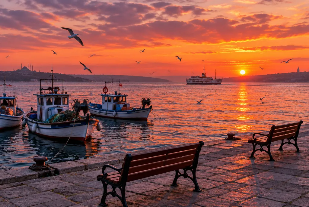 Fishing boats and an empty bench on the Marmara waterfront at sunset