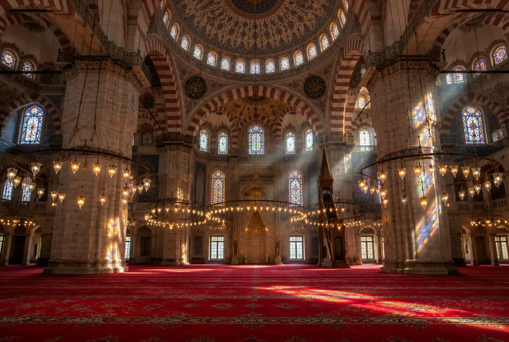 The interior of an Ottoman mosque, lamps hanging over a red carpet