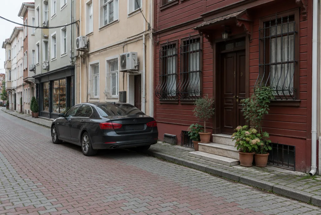 A car parked tight against the wall on the narrow lane outside