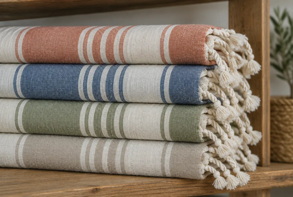 Folded flat-woven peshtemal towels stacked on a wooden shelf