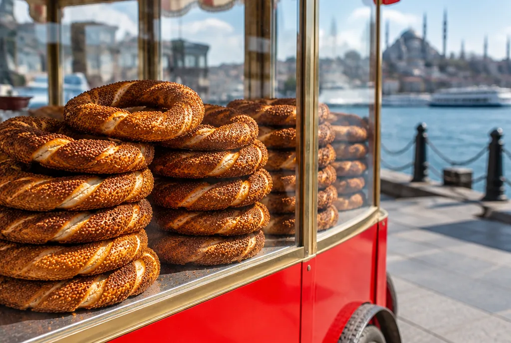 A street cart selling simit, Turkish sesame bread rings