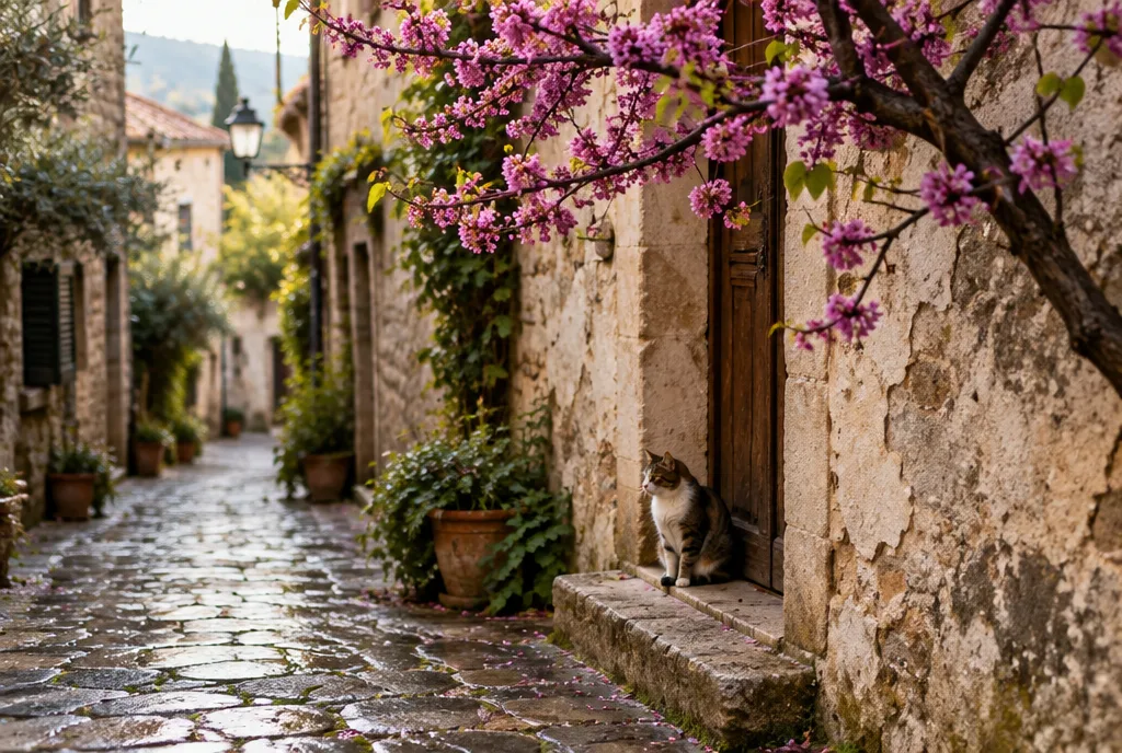 A blossoming tree along a quiet lane near Küçük Ayasofya in spring