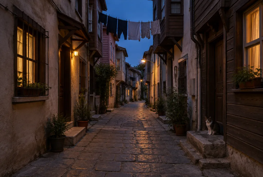 A cobbled old-city street at dusk, warm light in the windows