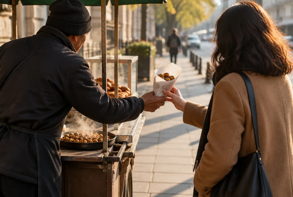 A street vendor handing a paper-wrapped snack to a customer