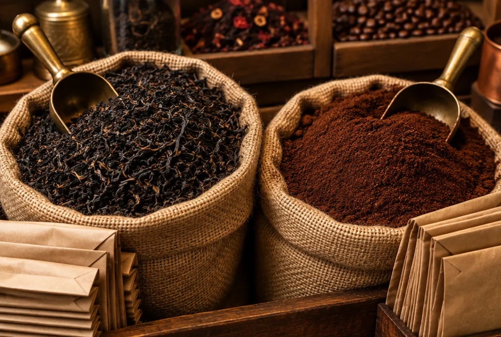 Loose black tea beside ground coffee in a shop