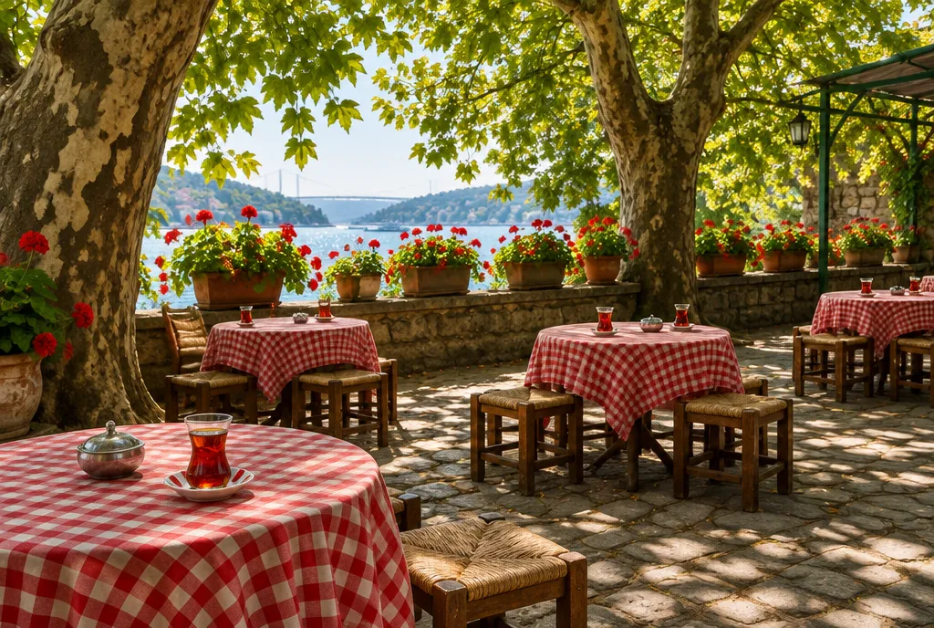 A tea garden with red-checked tables under plane trees
