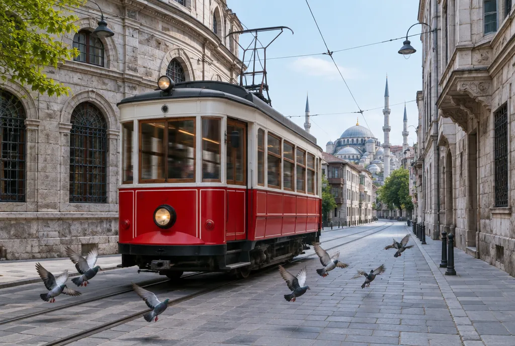 A tram on the rails in a historic Istanbul street