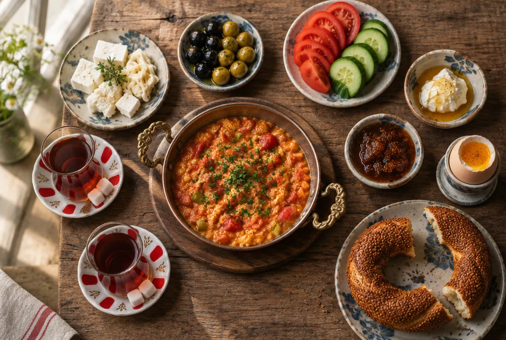 A Turkish breakfast spread laid out on a wooden table