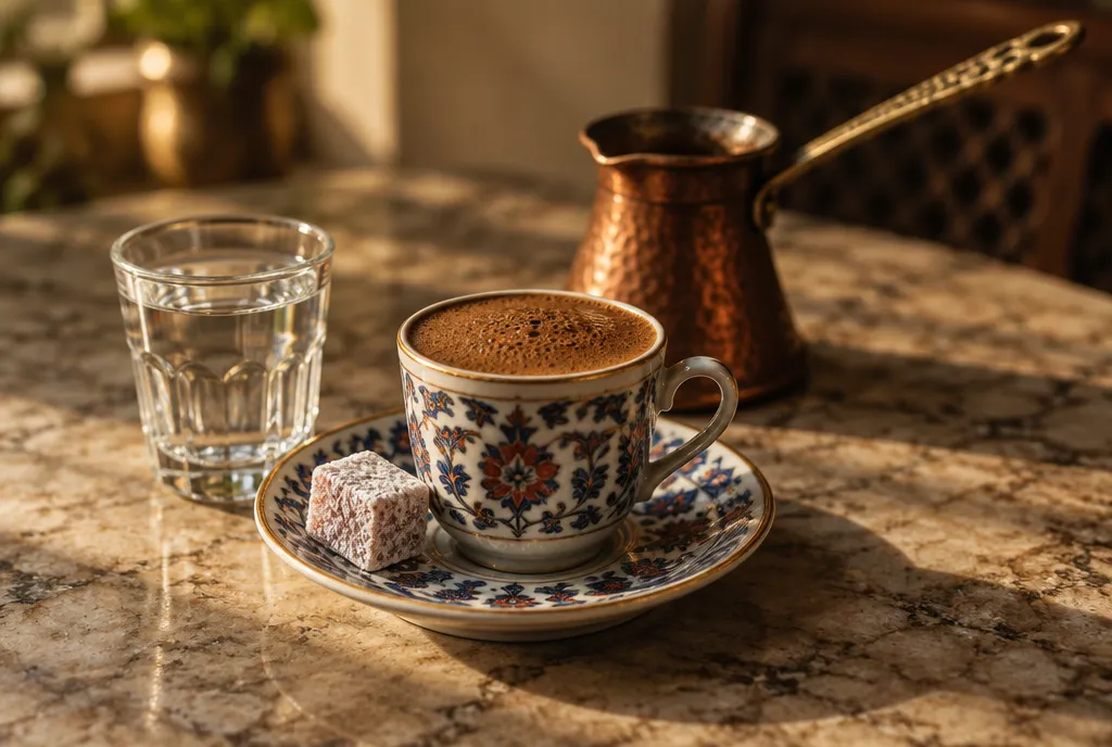 A cup of Turkish coffee with water and lokum on a marble table