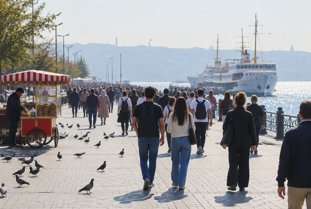 Crowds gathered along the waterfront near Eminönü with ferries in the background