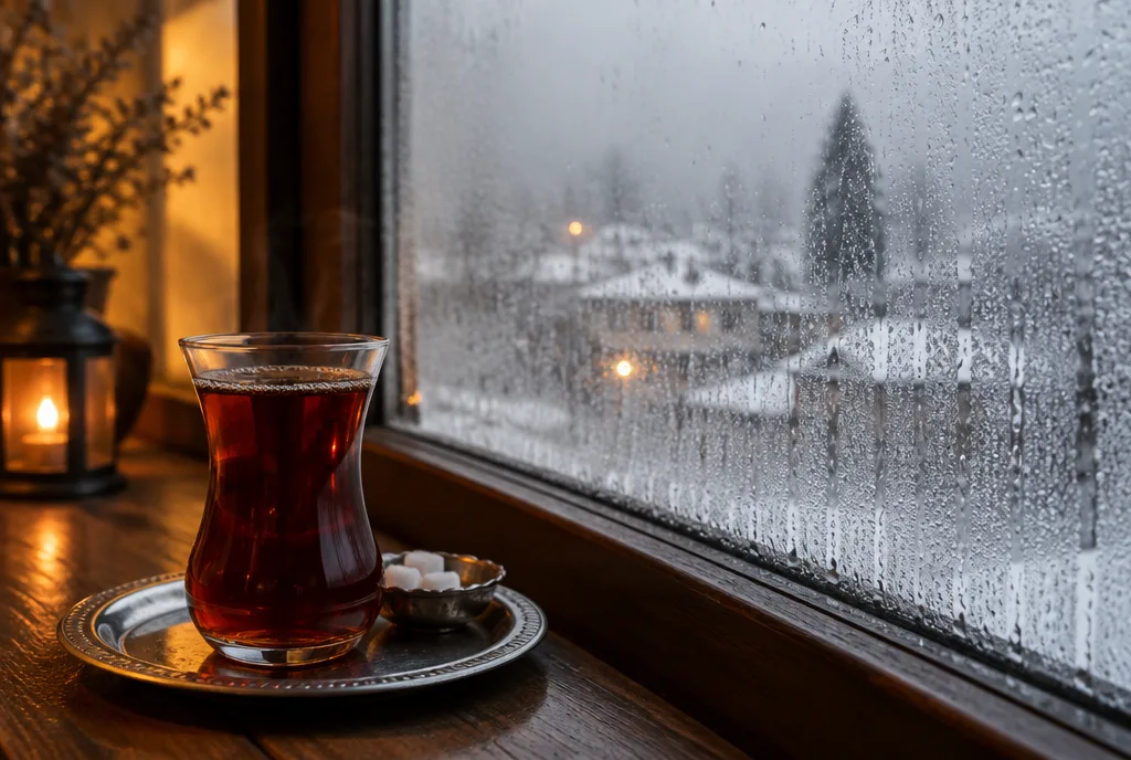 A glass of tea steaming on a table in winter