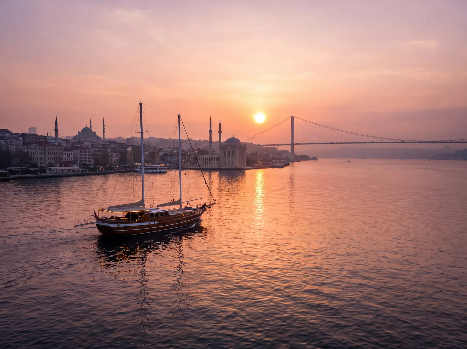 The Bosphorus at night, bridges lit up along the water