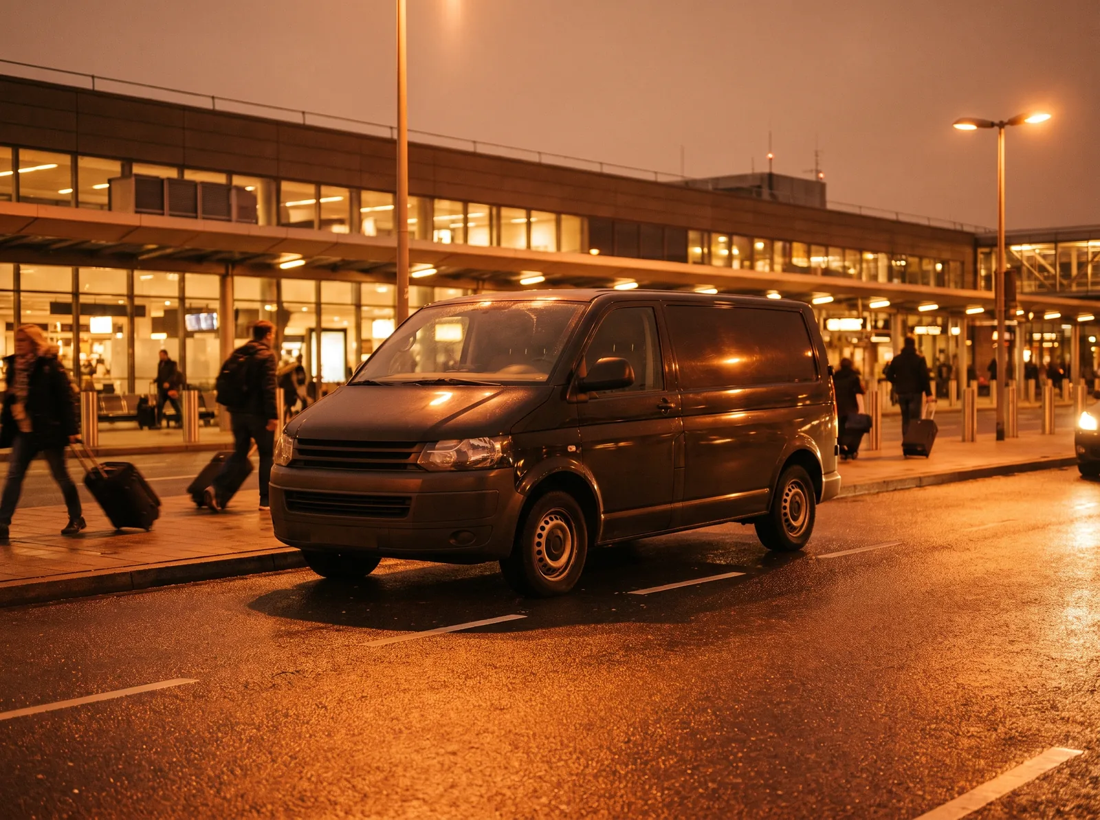 A minivan waiting outside the airport at dusk