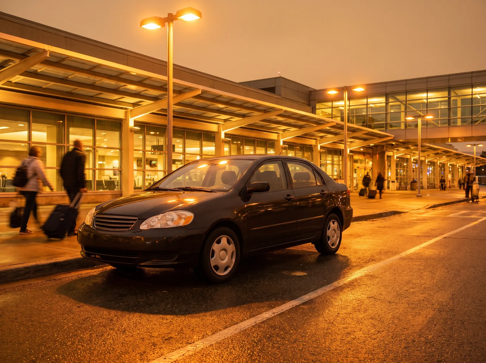 A sedan car waiting outside the airport at dusk